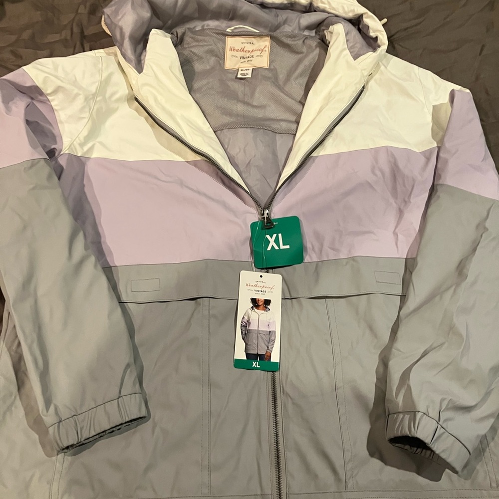 Colorblock Hooded Rain ☔️ Jacket - White, Lavender, and Gray